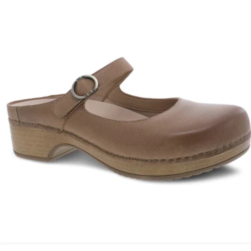 Dansko Tan Nude Metallic Mary Jane Clogs Open Back Leather Upper Buckle Classic